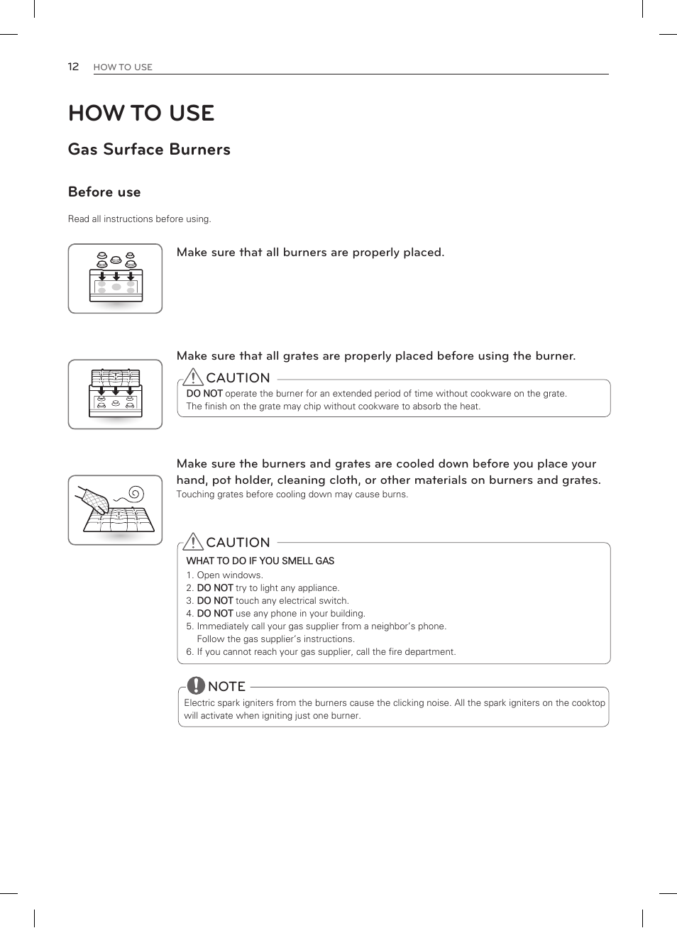 How to use, Gas surface burners, Before use | LG LDG3035SB User Manual | Page 13 / 101