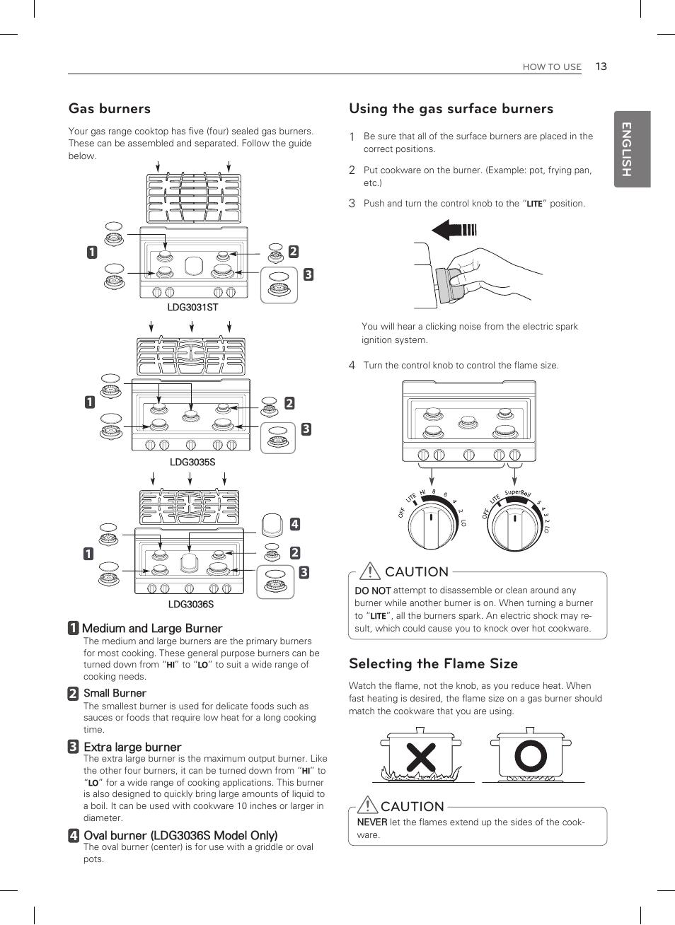 Gas burners, Using the gas surface burners, Selecting the flame size | LG LDG3035SB User Manual | Page 14 / 101