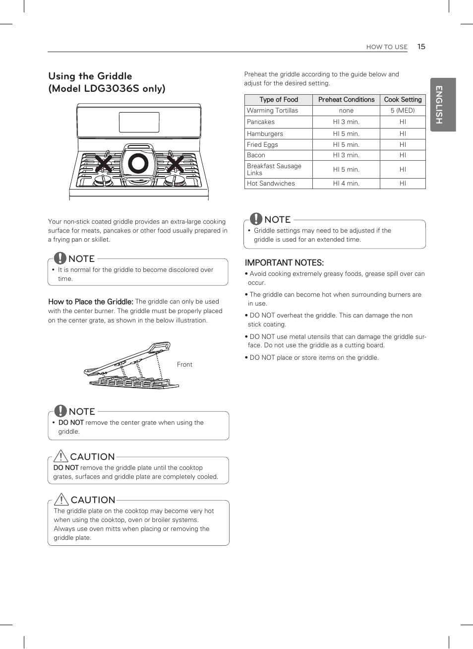 Using the griddle (model ldg3036s only), Caution, English | LG LDG3035SB User Manual | Page 16 / 101