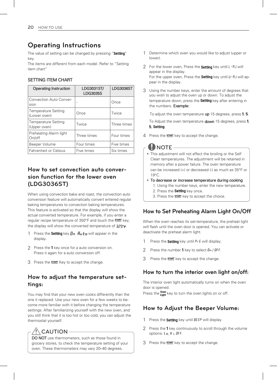 Operating instructions, How to set preheating alarm light on/off, How to turn the interior oven light on/off | How to adjust the beeper volume, How to adjust the temperature set- tings, Caution | LG LDG3035SB User Manual | Page 21 / 101
