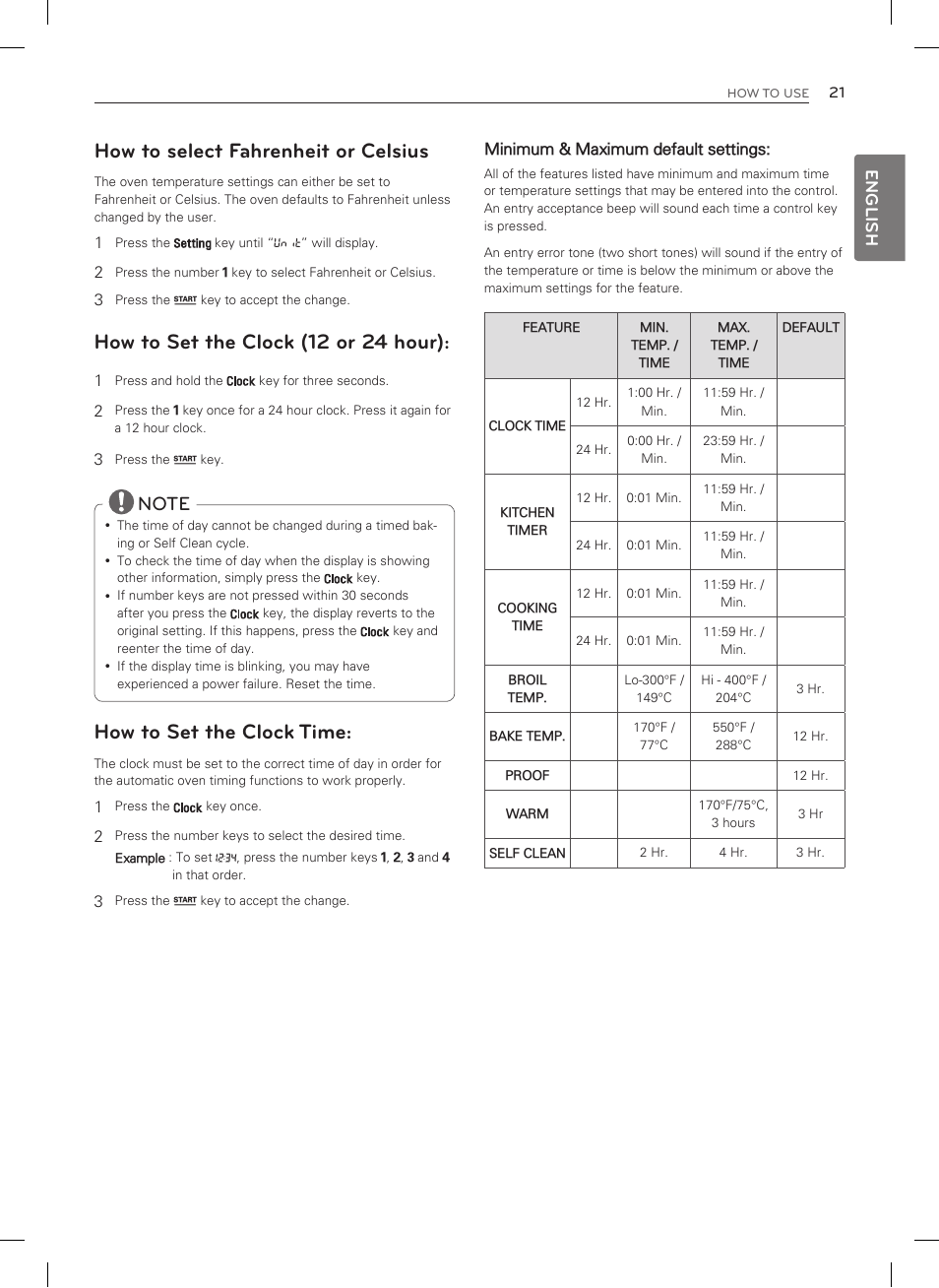 How to select fahrenheit or celsius, How to set the clock (12 or 24 hour), How to set the clock time | English | LG LDG3035SB User Manual | Page 22 / 101