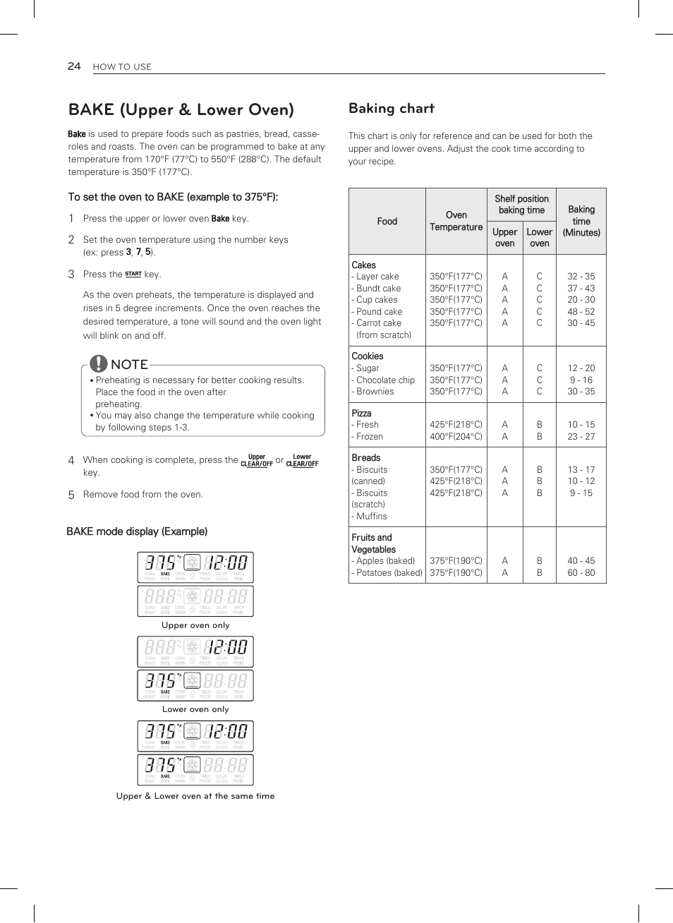 Bake (upper & lower oven), Baking chart | LG LDG3035SB User Manual | Page 25 / 101