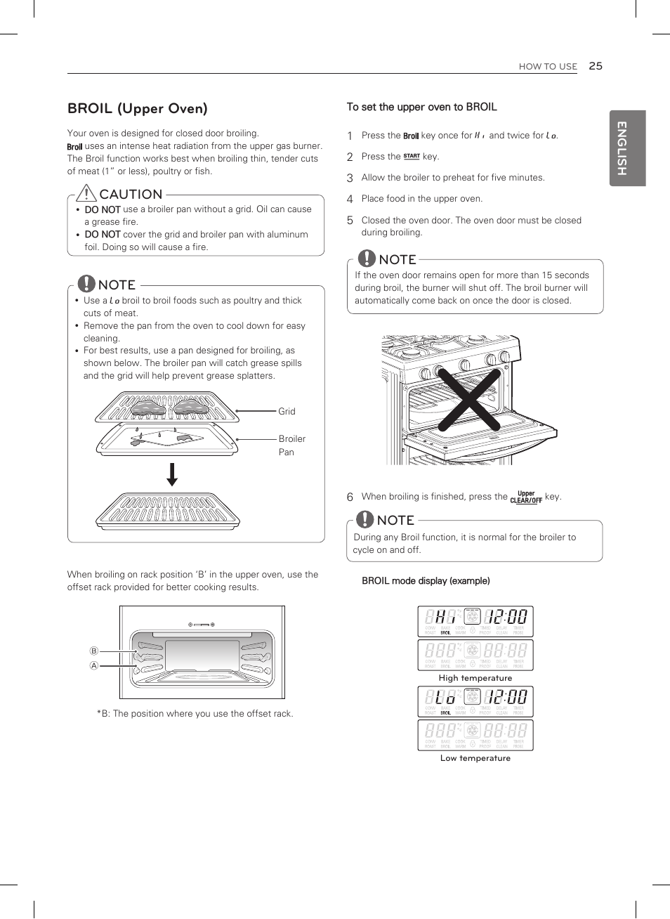 Broil (upper oven), Caution, English | LG LDG3035SB User Manual | Page 26 / 101