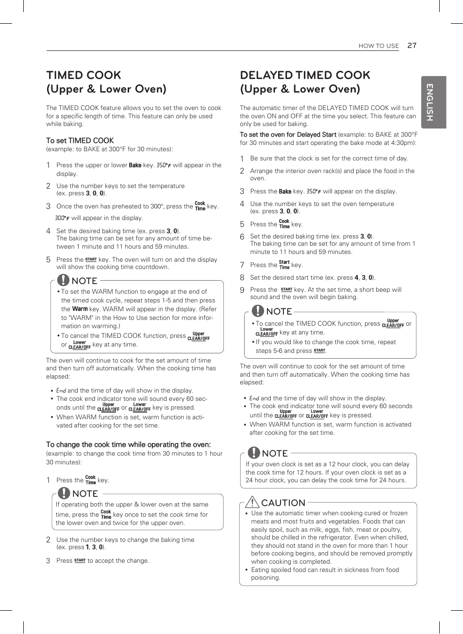 Timed cook (upper & lower oven), Delayed timed cook (upper & lower oven), Caution | English | LG LDG3035SB User Manual | Page 28 / 101