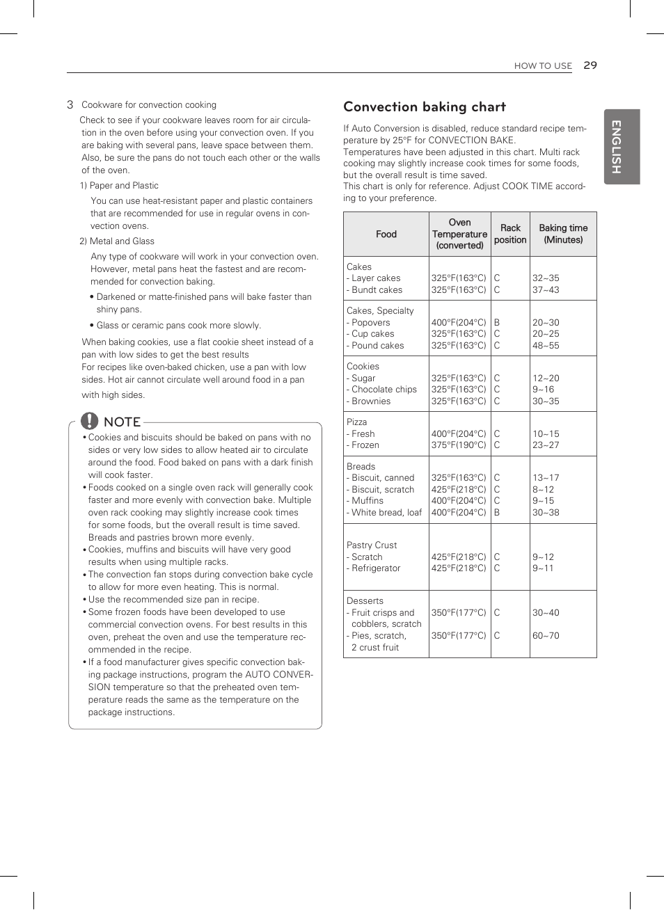 Convection baking chart, English | LG LDG3035SB User Manual | Page 30 / 101