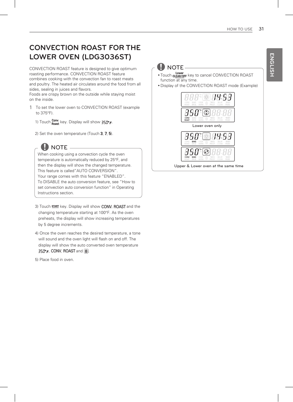 Convection roast for the lower oven (ldg3036st) | LG LDG3035SB User Manual | Page 32 / 101