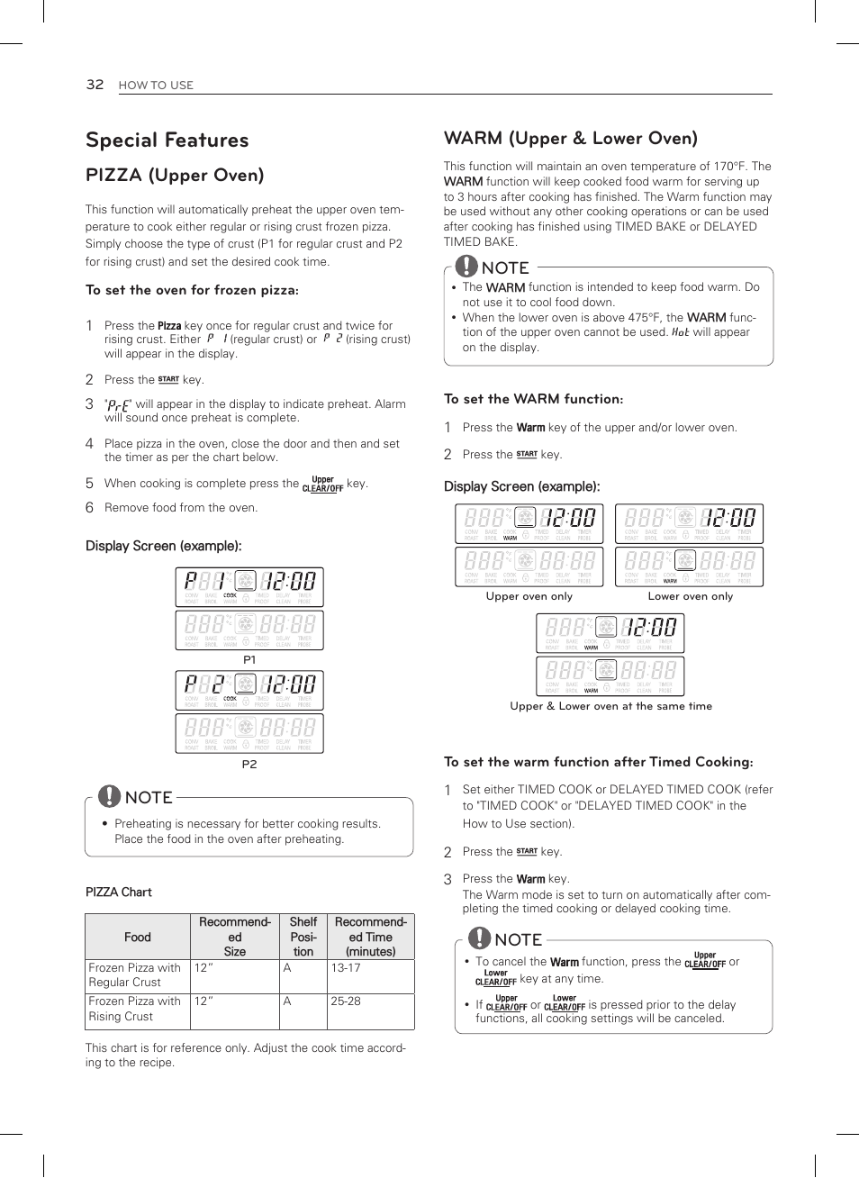 Special features, Pizza (upper oven), Warm (upper & lower oven) | LG LDG3035SB User Manual | Page 33 / 101