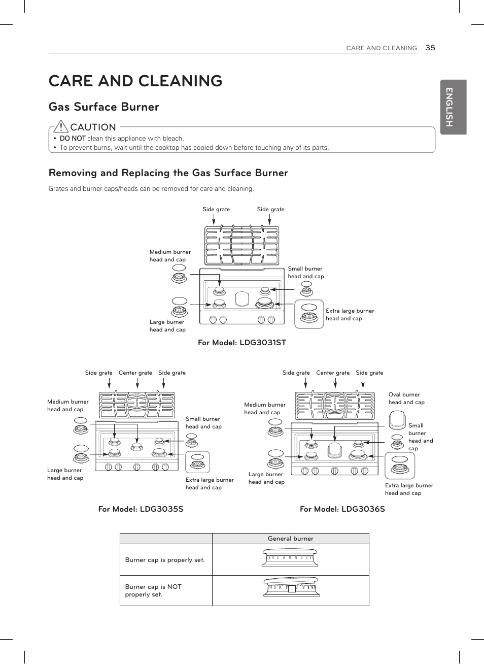 Care and cleaning, Gas surface burner, Removing and replacing the gas surface burner | Caution, English | LG LDG3035SB User Manual | Page 36 / 101