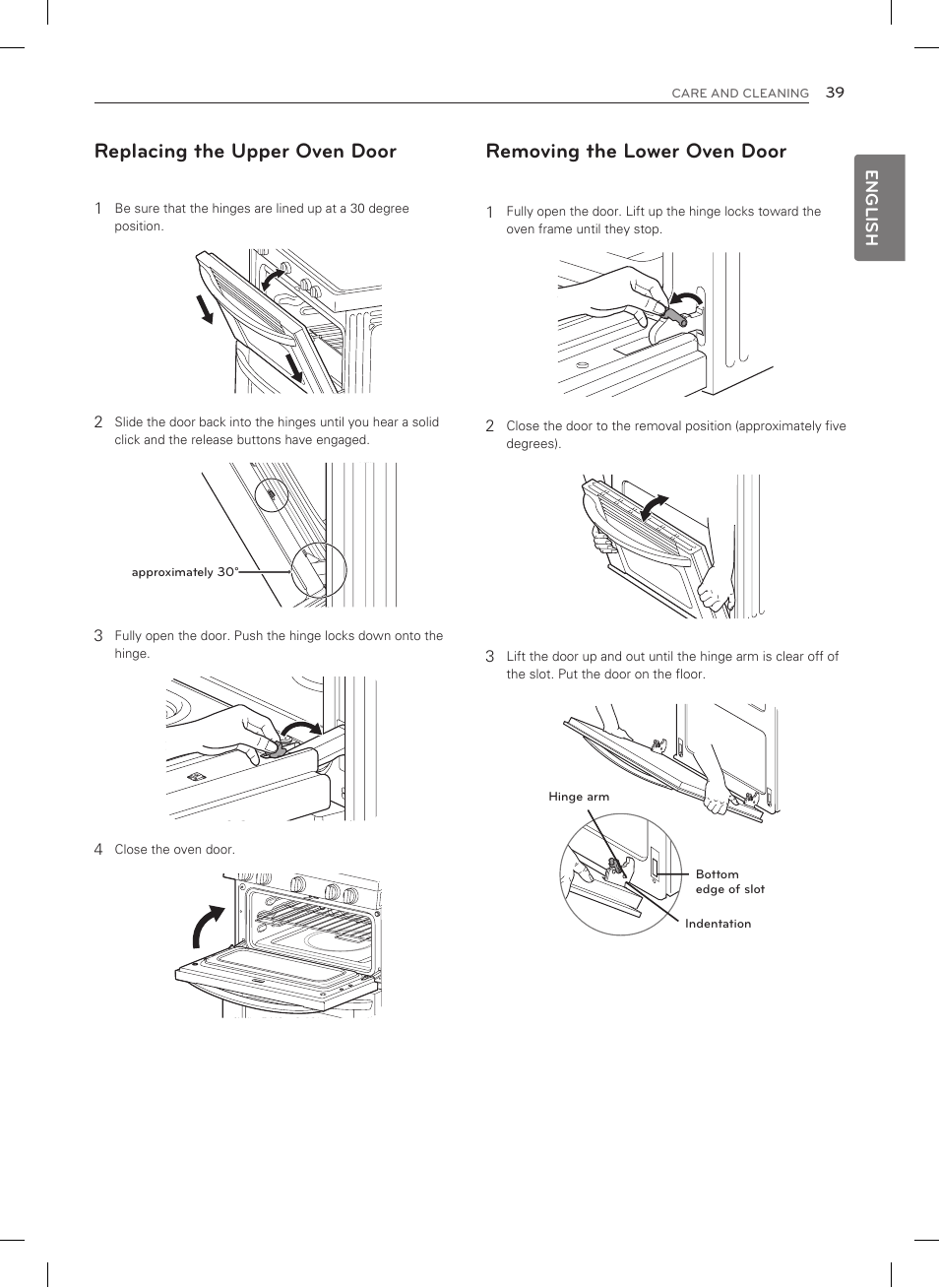 Replacing the upper oven door, Removing the lower oven door, English | LG LDG3035SB User Manual | Page 40 / 101