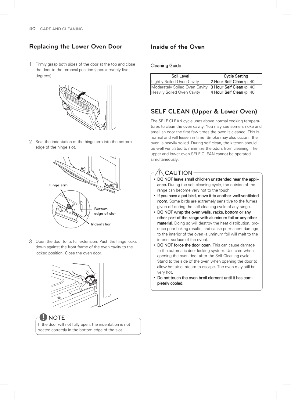 Replacing the lower oven door, Self clean (upper & lower oven), Inside of the oven | Caution | LG LDG3035SB User Manual | Page 41 / 101