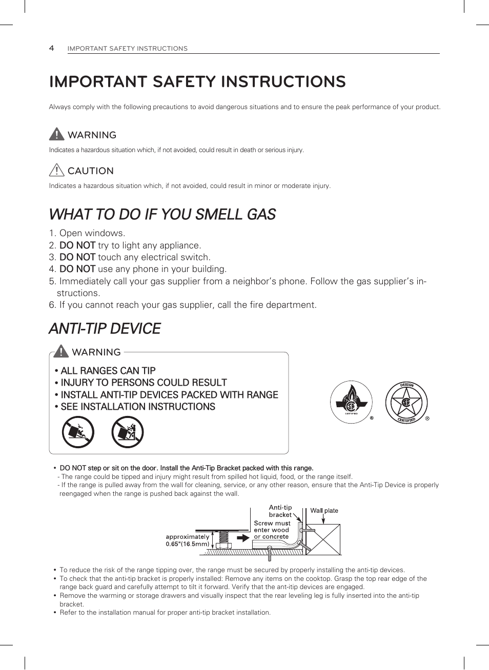Important safety instructions, What to do if you smell gas, Anti-tip device | LG LDG3035SB User Manual | Page 5 / 101