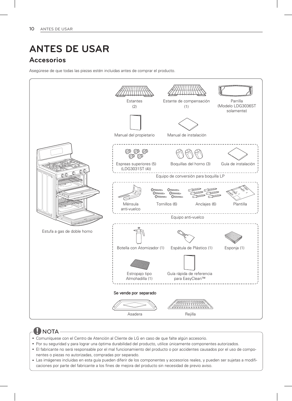 Antes de usar, Accesorios, Nota | LG LDG3035SB User Manual | Page 59 / 101