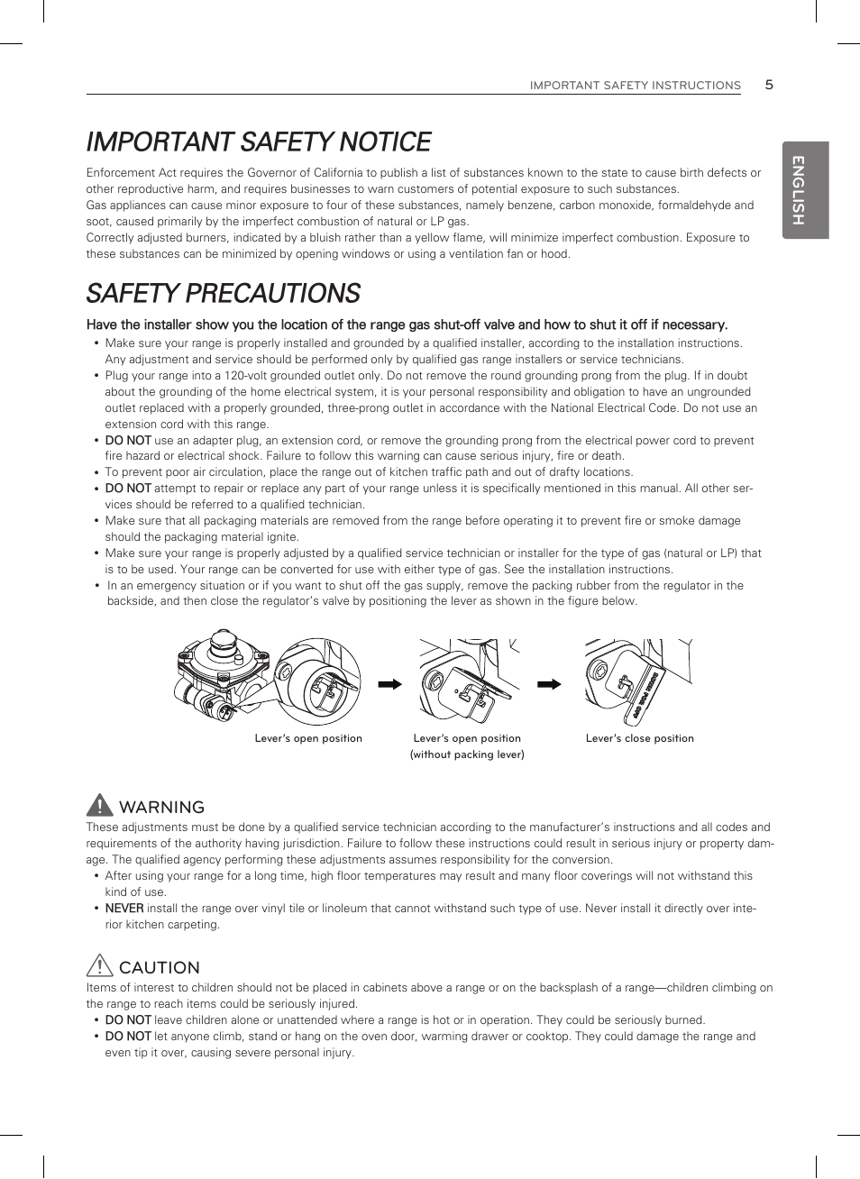 Important safety notice, Safety precautions, Warning | Caution, English | LG LDG3035SB User Manual | Page 6 / 101