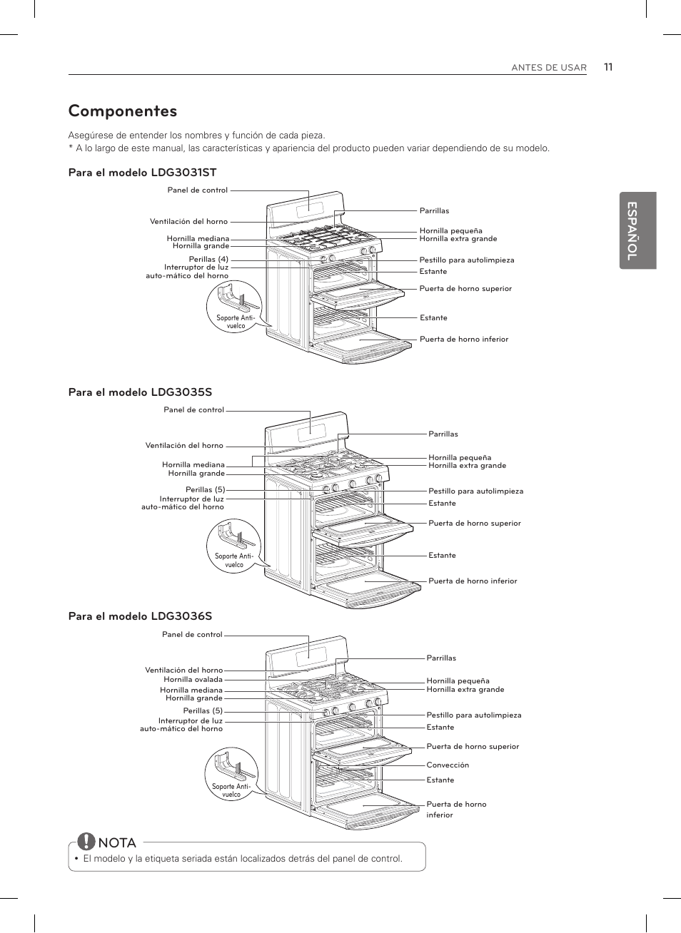 Componentes, Nota, Esp añol | Para el modelo ldg3036s, Para el modelo ldg3035s, Para el modelo ldg3031st | LG LDG3035SB User Manual | Page 60 / 101