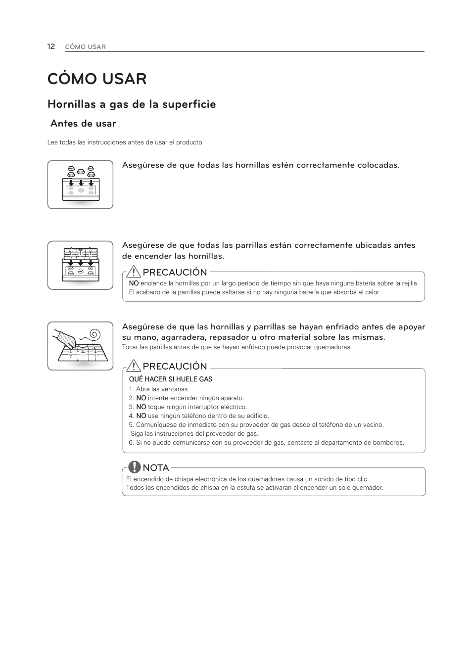 Cómo usar, Hornillas a gas de la superficie, Antes de usar | LG LDG3035SB User Manual | Page 61 / 101