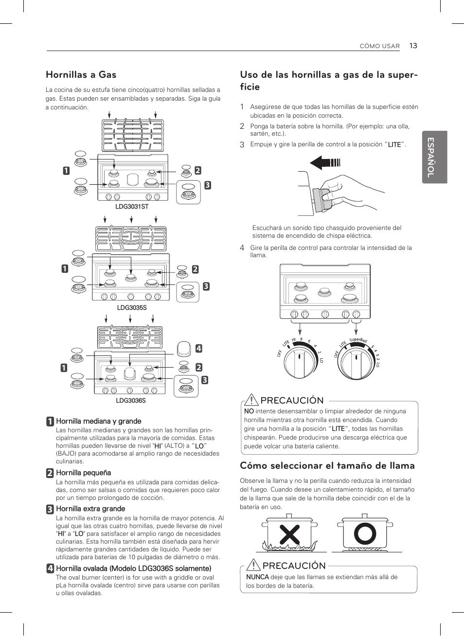 Uso de las hornillas a gas de la super- ficie, Cómo seleccionar el tamaño de llama, Hornillas a gas | Precaución | LG LDG3035SB User Manual | Page 62 / 101