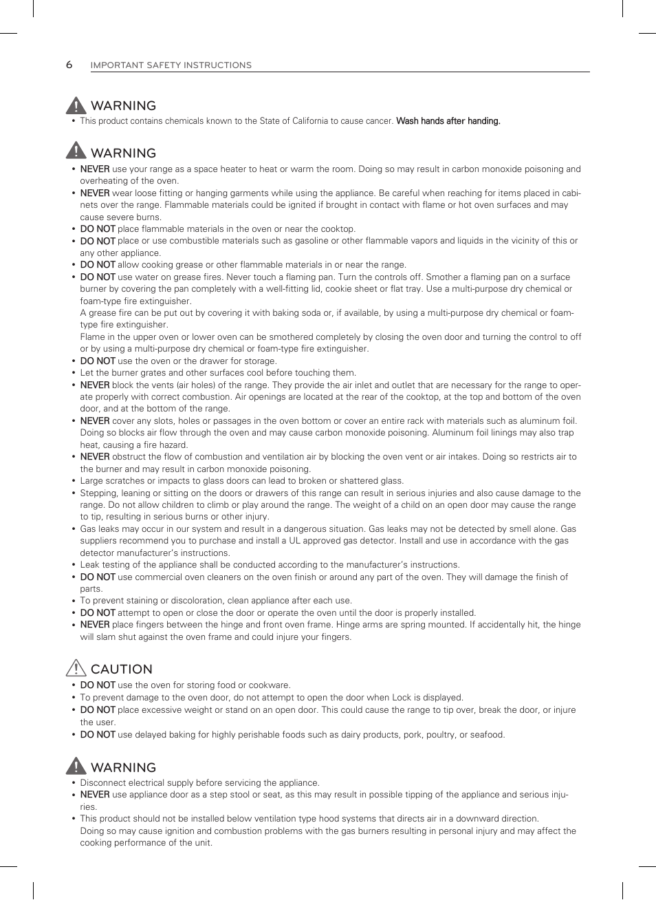 Warning, Caution | LG LDG3035SB User Manual | Page 7 / 101