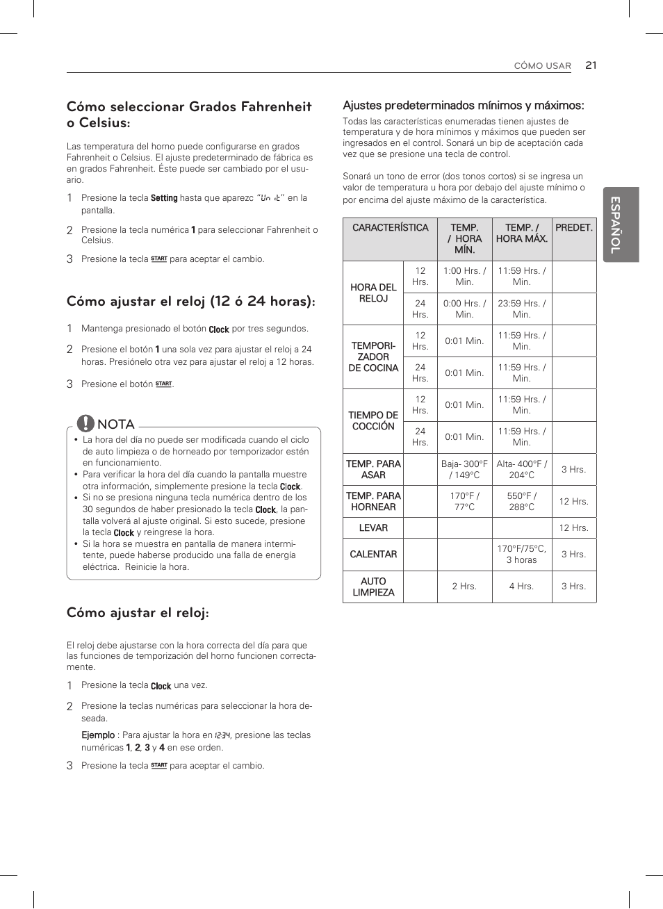 Cómo seleccionar grados fahrenheit o celsius, Cómo ajustar el reloj (12 ó 24 horas), Cómo ajustar el reloj | Nota, Esp añol | LG LDG3035SB User Manual | Page 70 / 101