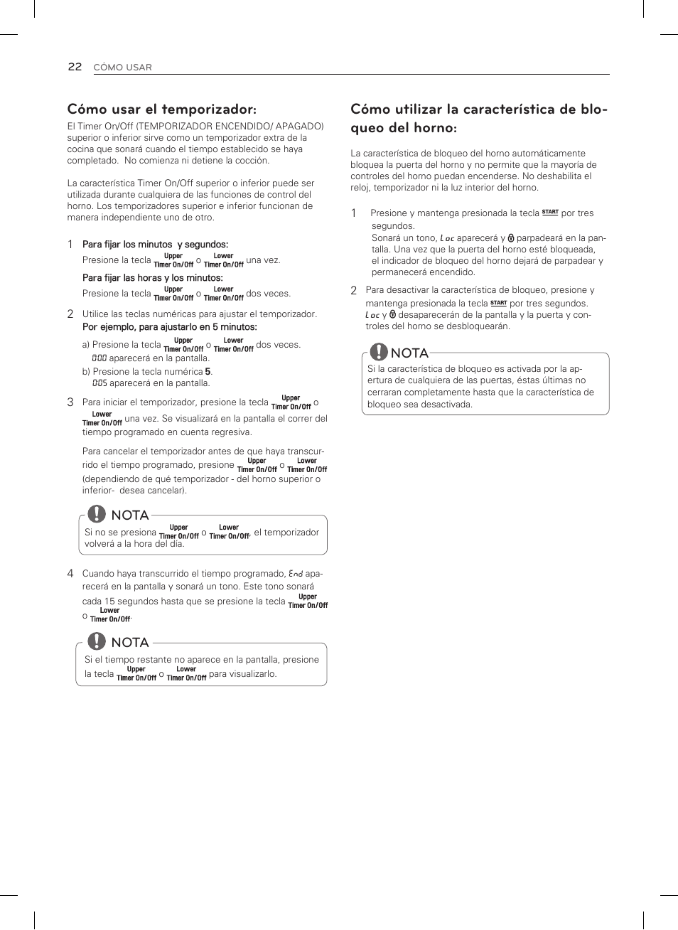 Cómo usar el temporizador, Nota | LG LDG3035SB User Manual | Page 71 / 101