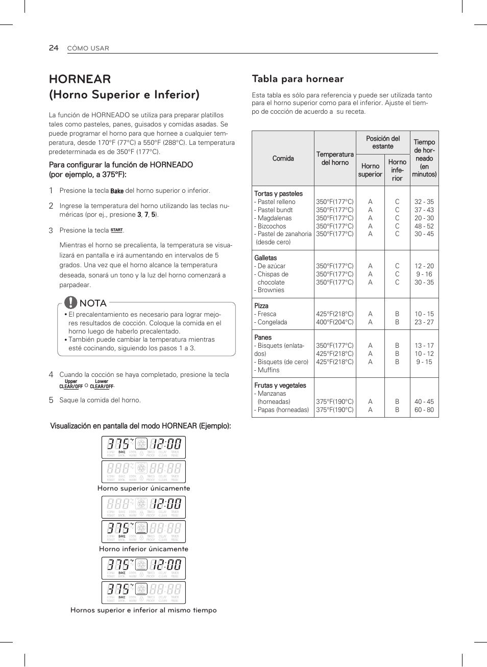 Hornear (horno superior e inferior), Tabla para hornear, Nota | LG LDG3035SB User Manual | Page 73 / 101