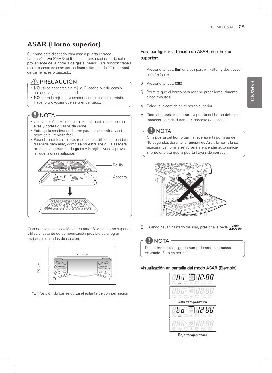 Asar (horno superior), Nota, Precaución | Esp añol | LG LDG3035SB User Manual | Page 74 / 101