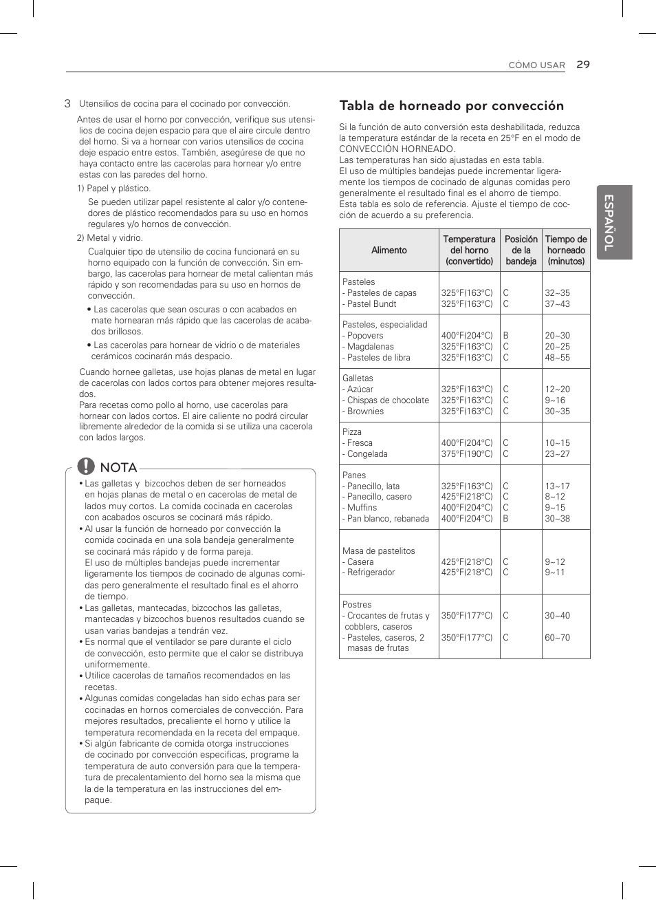 Tabla de horneado por convección, Nota, Esp añol | LG LDG3035SB User Manual | Page 78 / 101