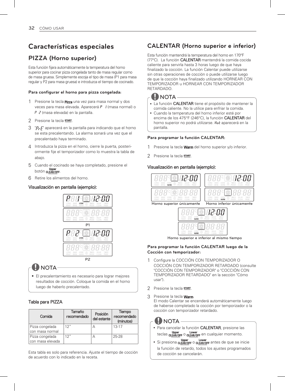 Características especiales, Pizza (horno superior), Calentar (horno superior e inferior) | Nota | LG LDG3035SB User Manual | Page 81 / 101