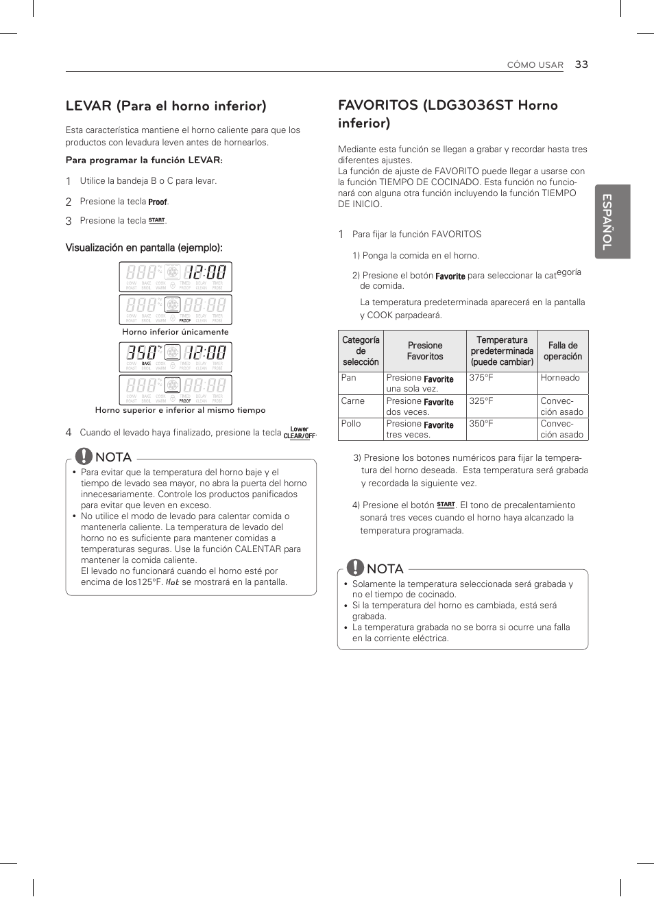 Levar (para el horno inferior), Favoritos (ldg3036st horno inferior), Nota | Esp añol | LG LDG3035SB User Manual | Page 82 / 101