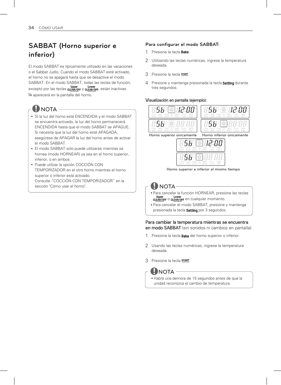 Sabbat (horno superior e inferior), Nota | LG LDG3035SB User Manual | Page 83 / 101