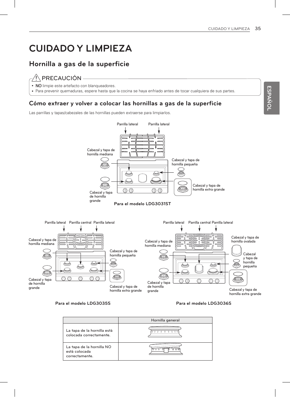 Cuidado y limpieza, Hornilla a gas de la superficie, Precaución | Esp añol | LG LDG3035SB User Manual | Page 84 / 101