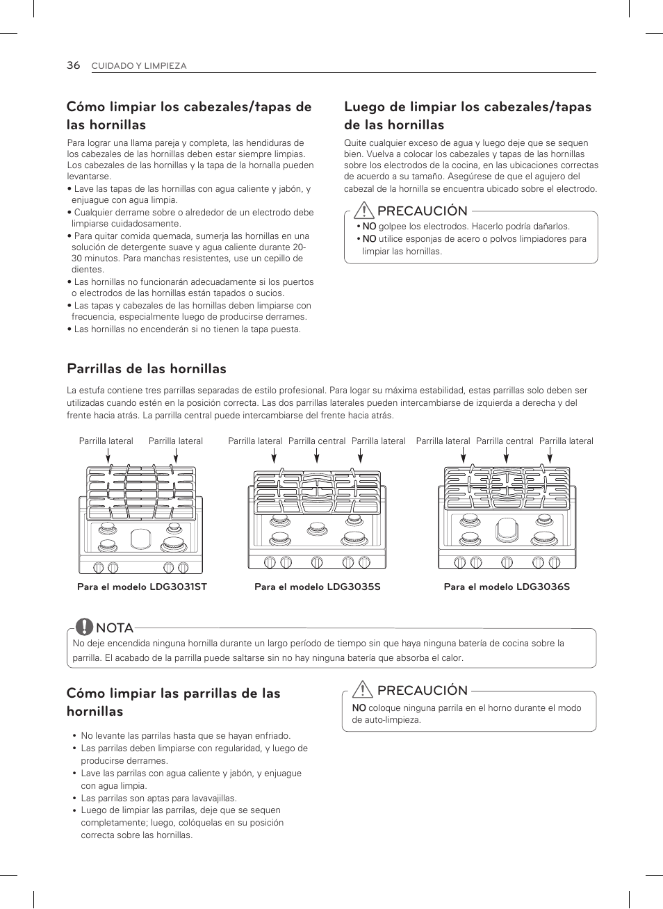 Parrillas de las hornillas, Cómo limpiar las parrillas de las hornillas, Cómo limpiar los cabezales/tapas de las hornillas | Nota, Precaución | LG LDG3035SB User Manual | Page 85 / 101