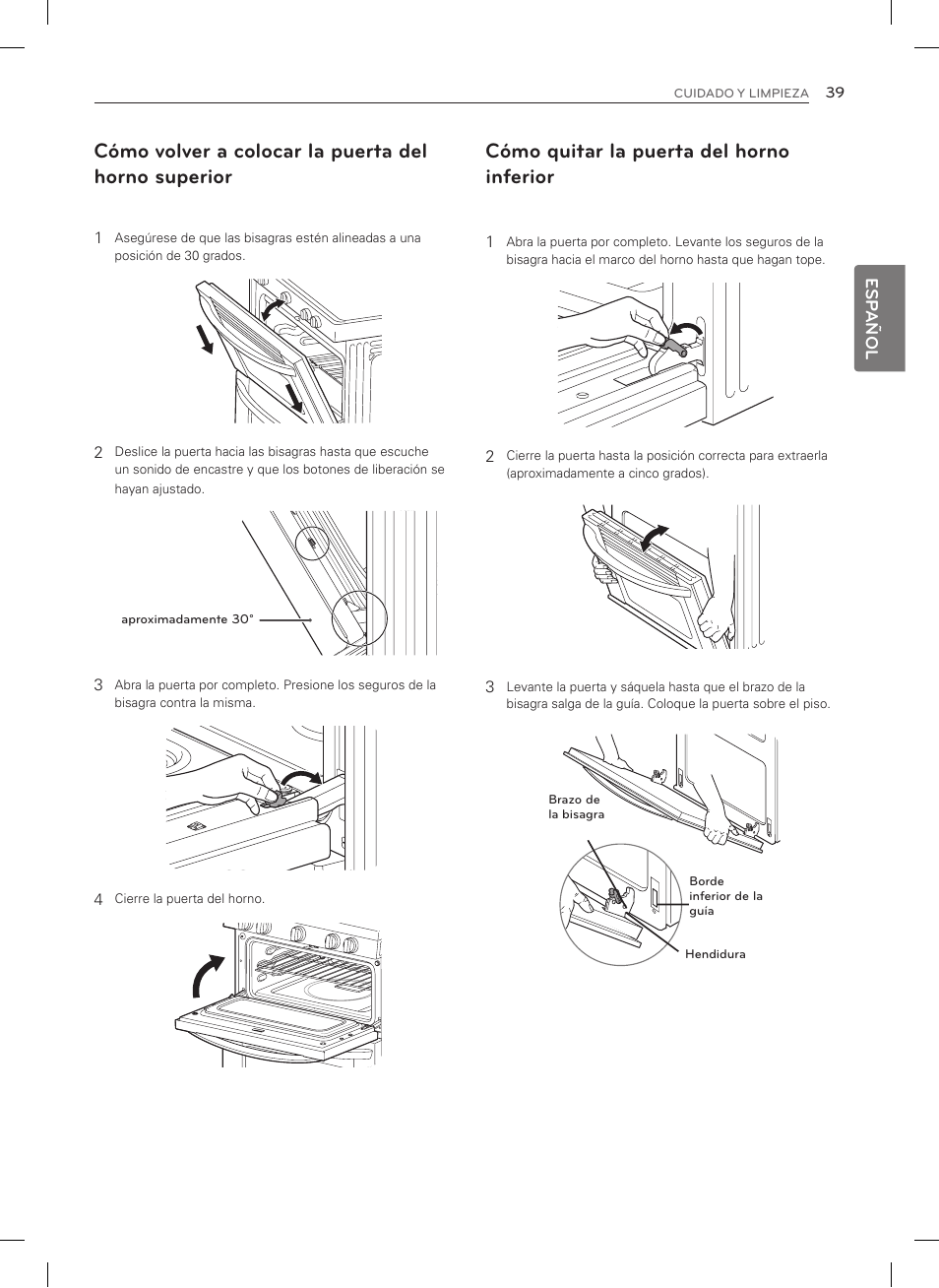 Cómo volver a colocar la puerta del horno superior, Cómo quitar la puerta del horno inferior | LG LDG3035SB User Manual | Page 88 / 101