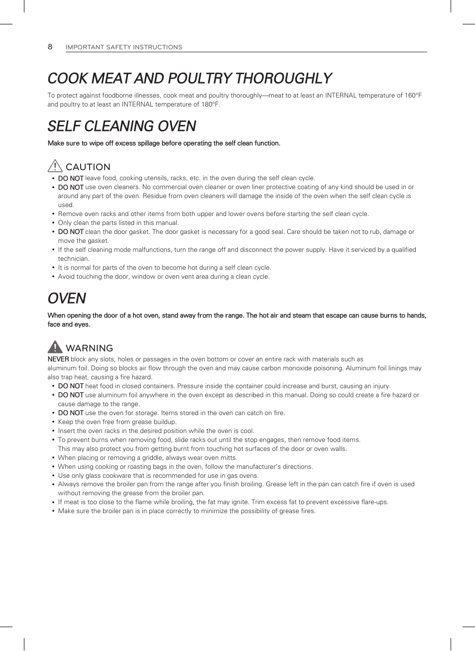 Cook meat and poultry thoroughly, Self cleaning oven, Oven | Caution, Warning | LG LDG3035SB User Manual | Page 9 / 101