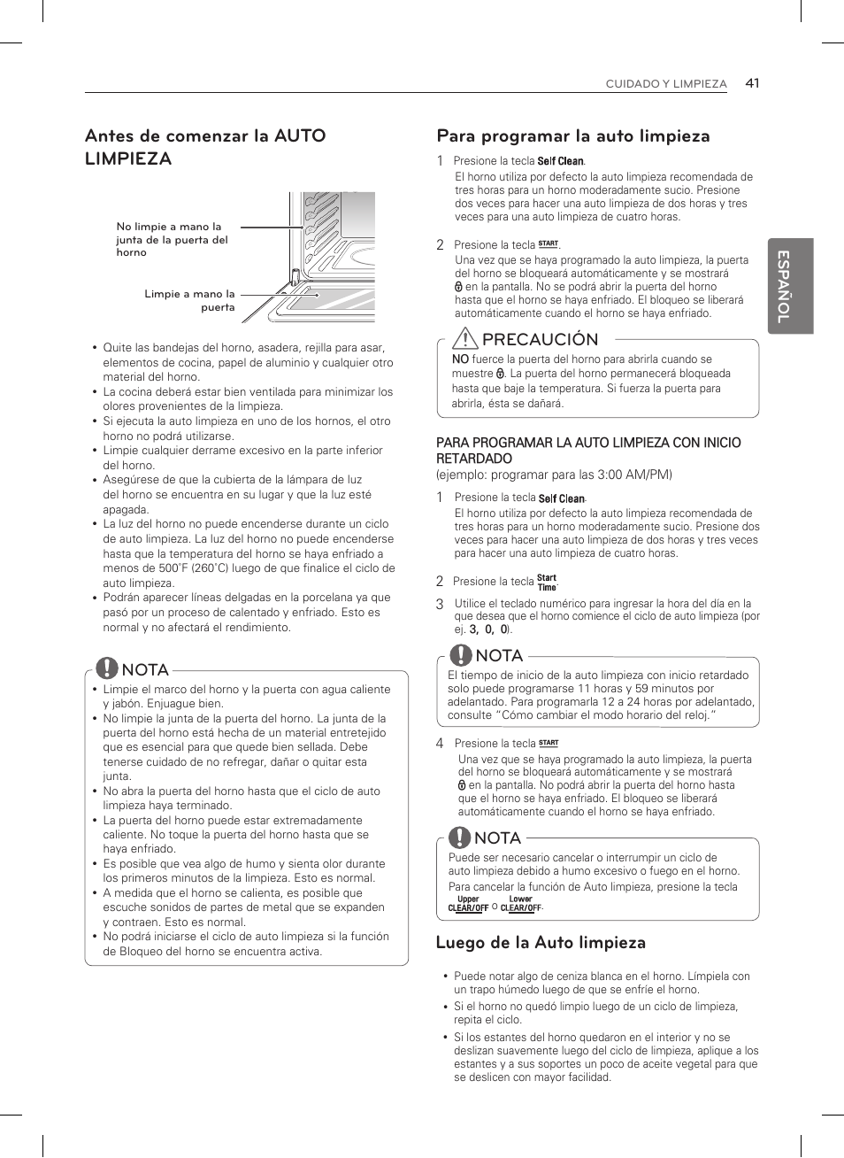 Antes de comenzar la auto limpieza, Luego de la auto limpieza, Para programar la auto limpieza | Precaución, Nota, Esp añol | LG LDG3035SB User Manual | Page 90 / 101