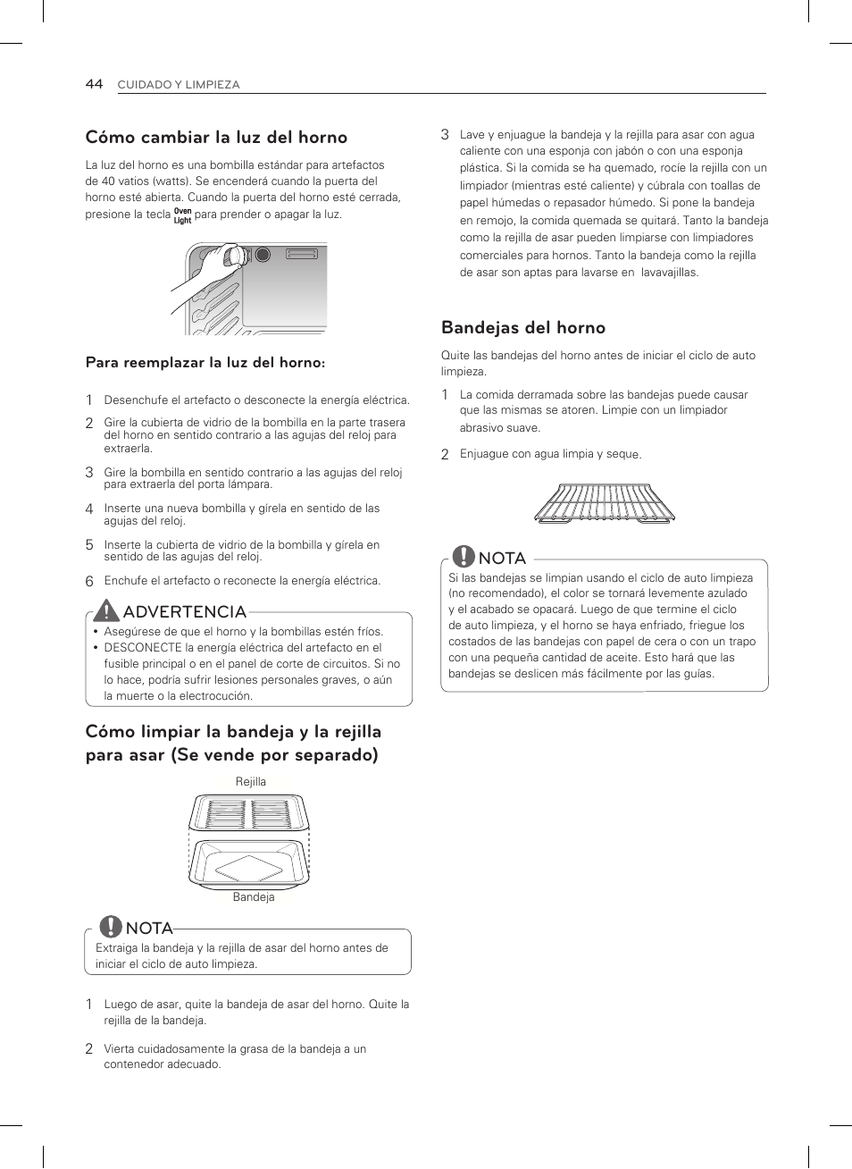 Cómo cambiar la luz del horno, Bandejas del horno, Advertencia | Nota | LG LDG3035SB User Manual | Page 93 / 101