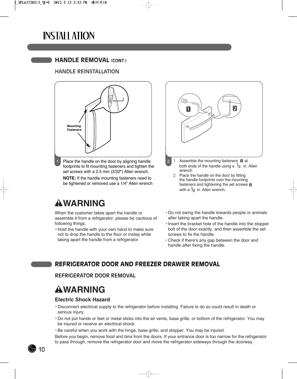 Wwarning, 10 handle removal, Refrigerator door and freezer drawer removal | LG LFC28768ST User Manual | Page 10 / 108