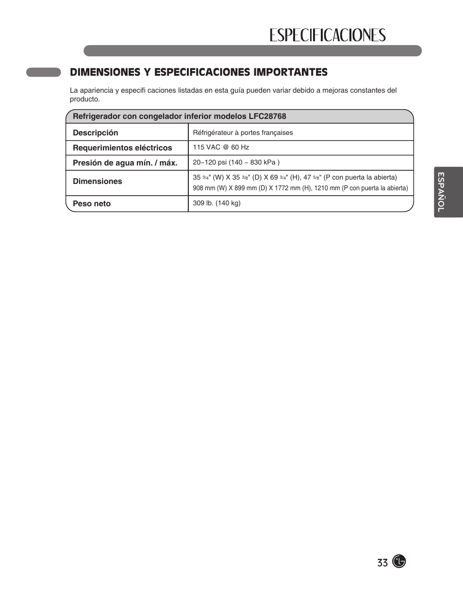 Dimensiones y especificaciones importantes | LG LFC28768ST User Manual | Page 105 / 108