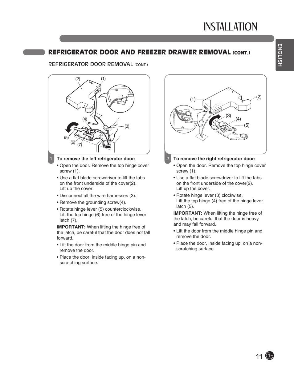 11 refrigerator door and freezer drawer removal | LG LFC28768ST User Manual | Page 11 / 108