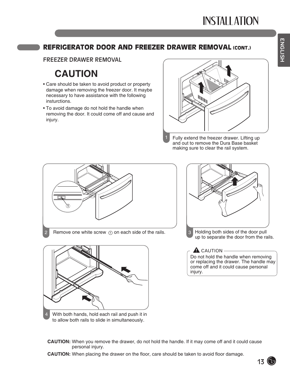 Caution, 13 refrigerator door and freezer drawer removal | LG LFC28768ST User Manual | Page 13 / 108