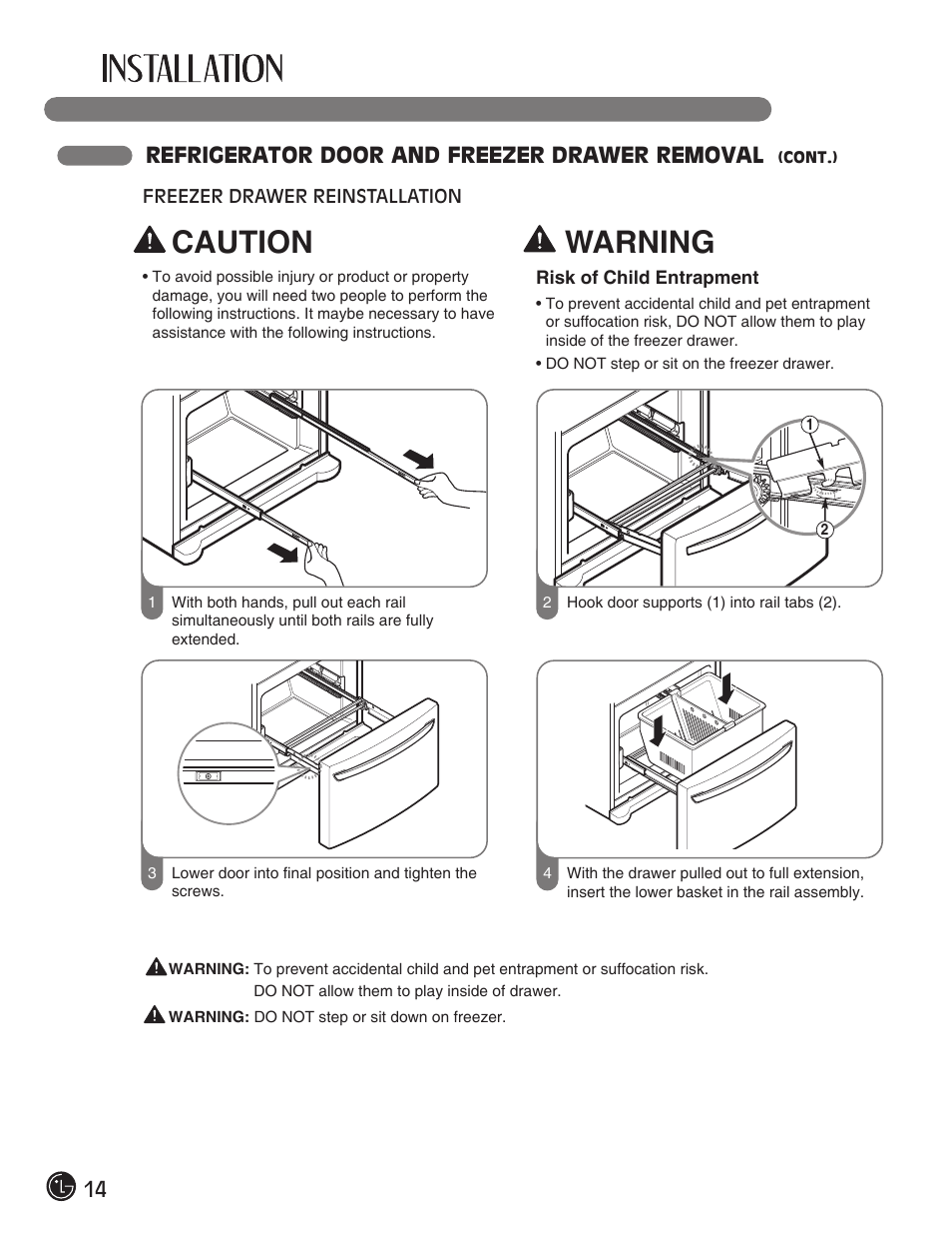 Caution, Warning, 14 refrigerator door and freezer drawer removal | LG LFC28768ST User Manual | Page 14 / 108