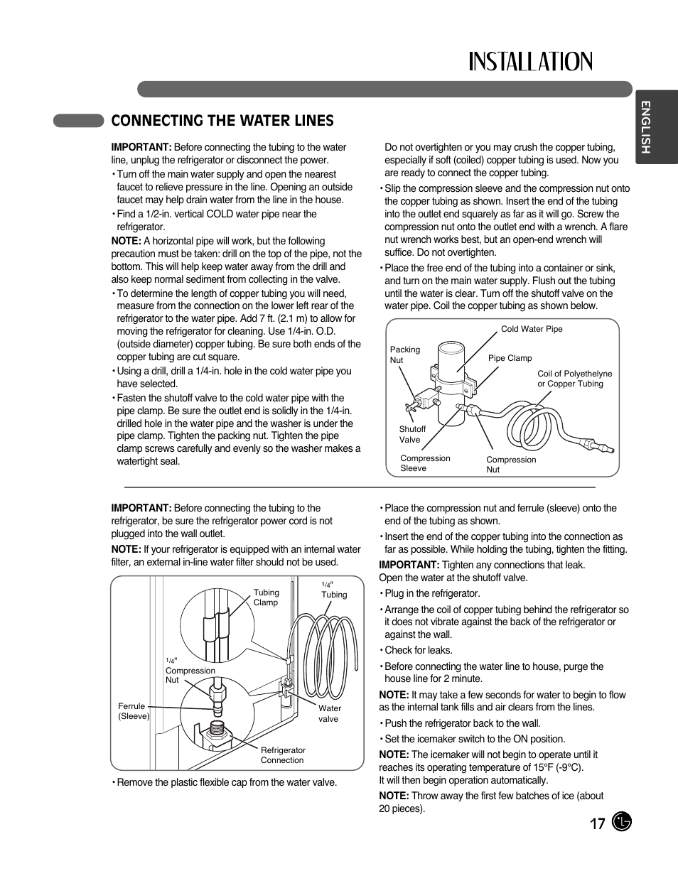 17 connecting the water lines, English | LG LFC28768ST User Manual | Page 17 / 108