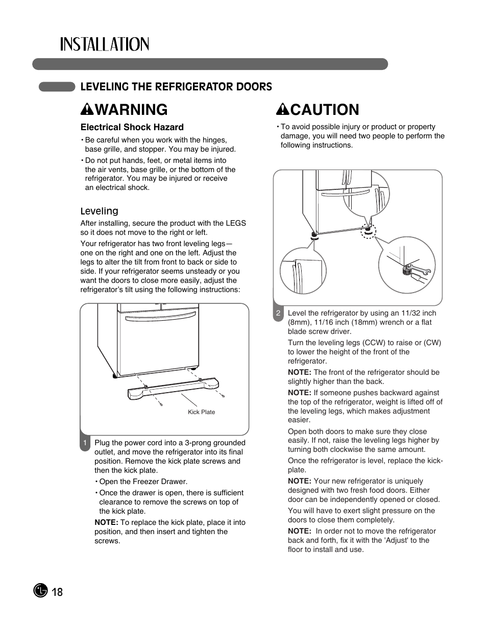 Wwarning, Wcaution, 18 leveling the refrigerator doors | LG LFC28768ST User Manual | Page 18 / 108