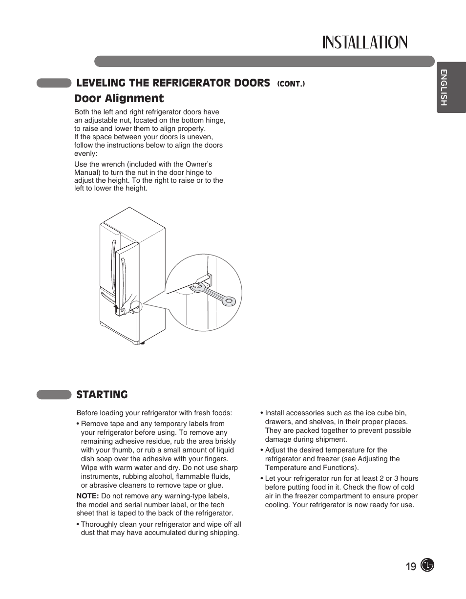 19 leveling the refrigerator doors, Starting, Door alignment | LG LFC28768ST User Manual | Page 19 / 108