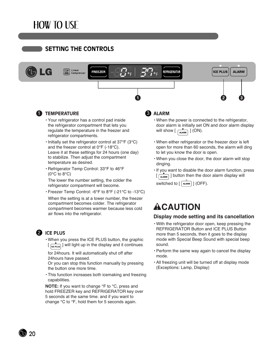 Wcaution, 20 setting the controls | LG LFC28768ST User Manual | Page 20 / 108