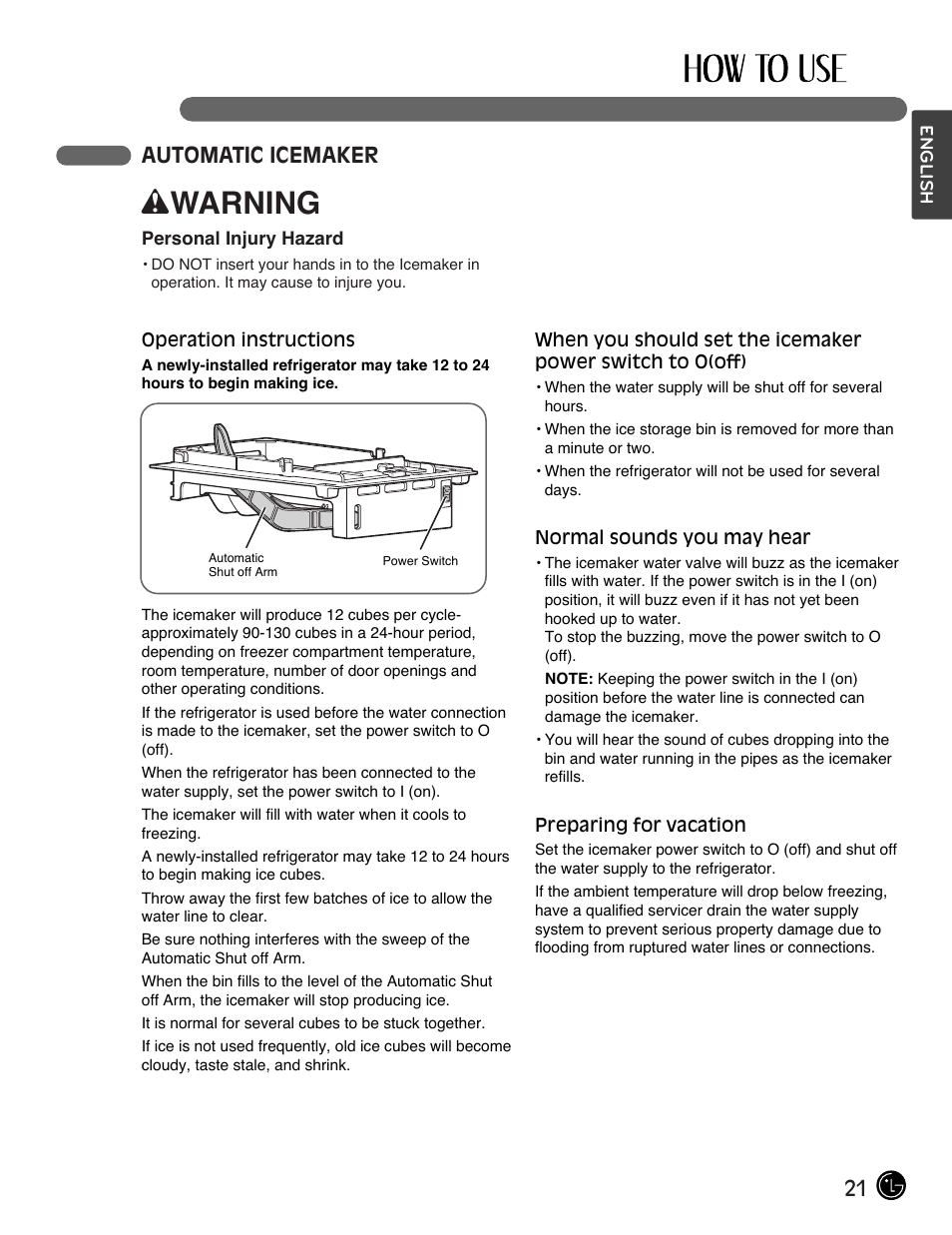 Wwarning, 21 automatic icemaker | LG LFC28768ST User Manual | Page 21 / 108