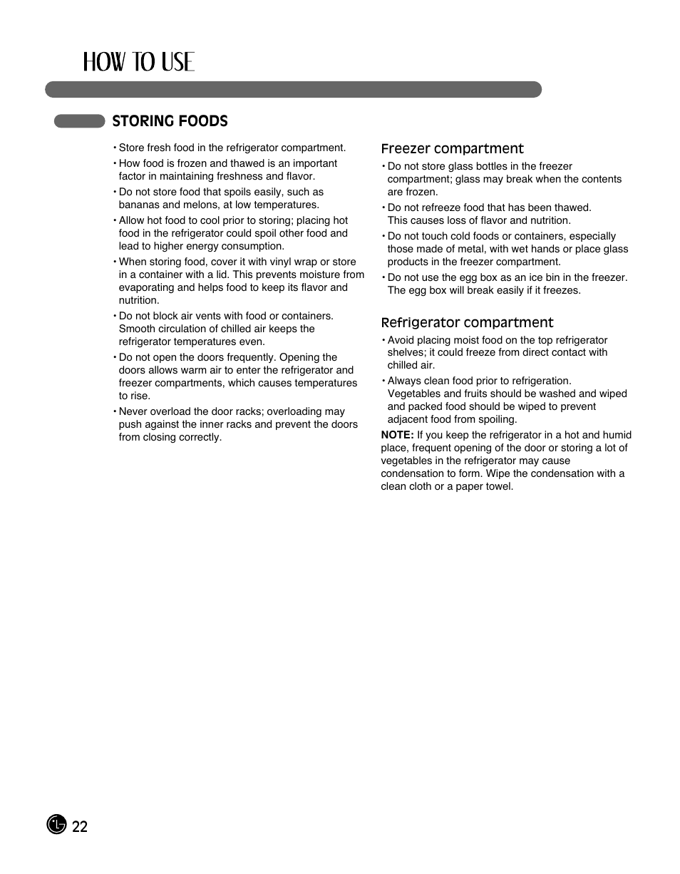 22 storing foods | LG LFC28768ST User Manual | Page 22 / 108