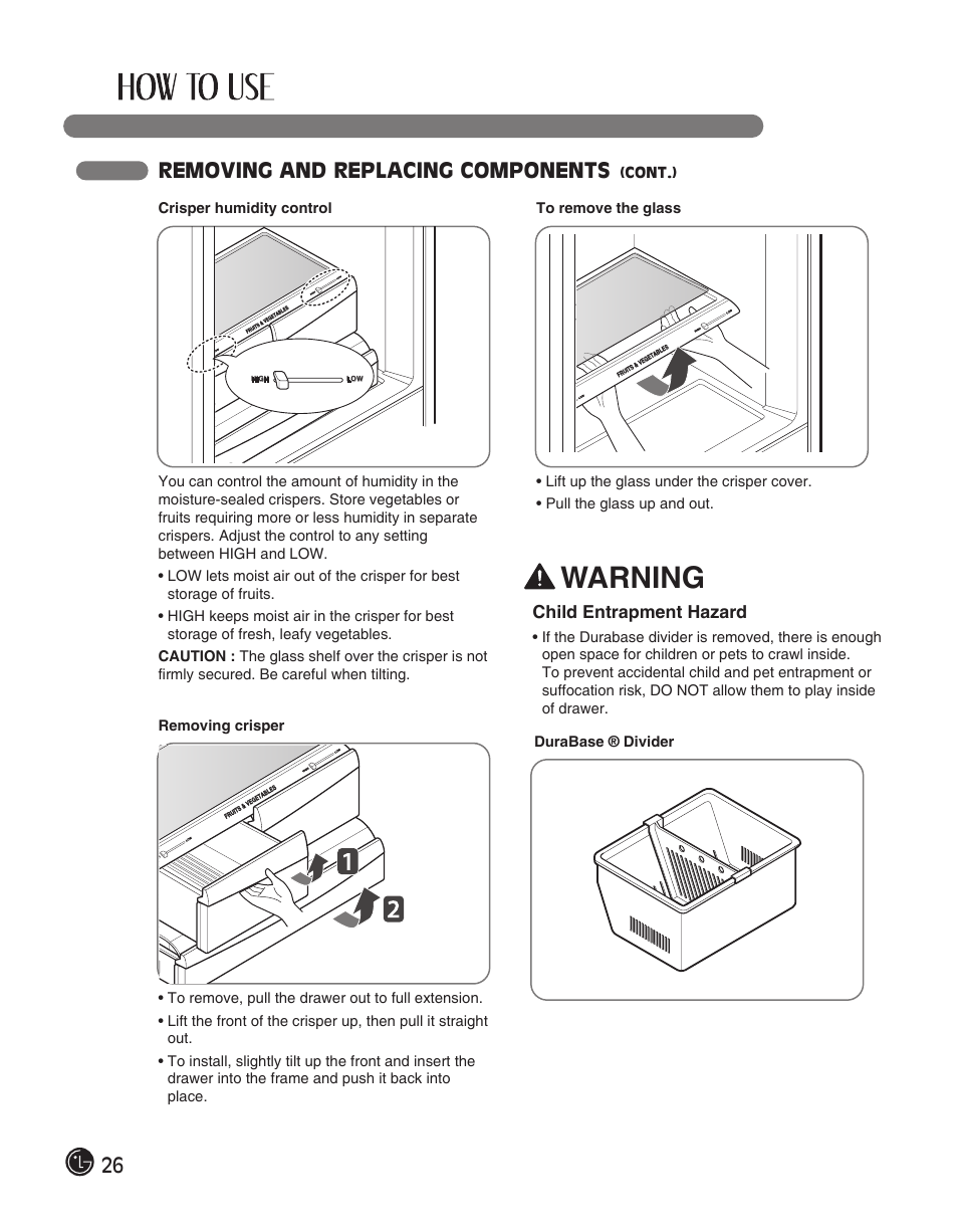 Warning, 26 removing and replacing components | LG LFC28768ST User Manual | Page 26 / 108