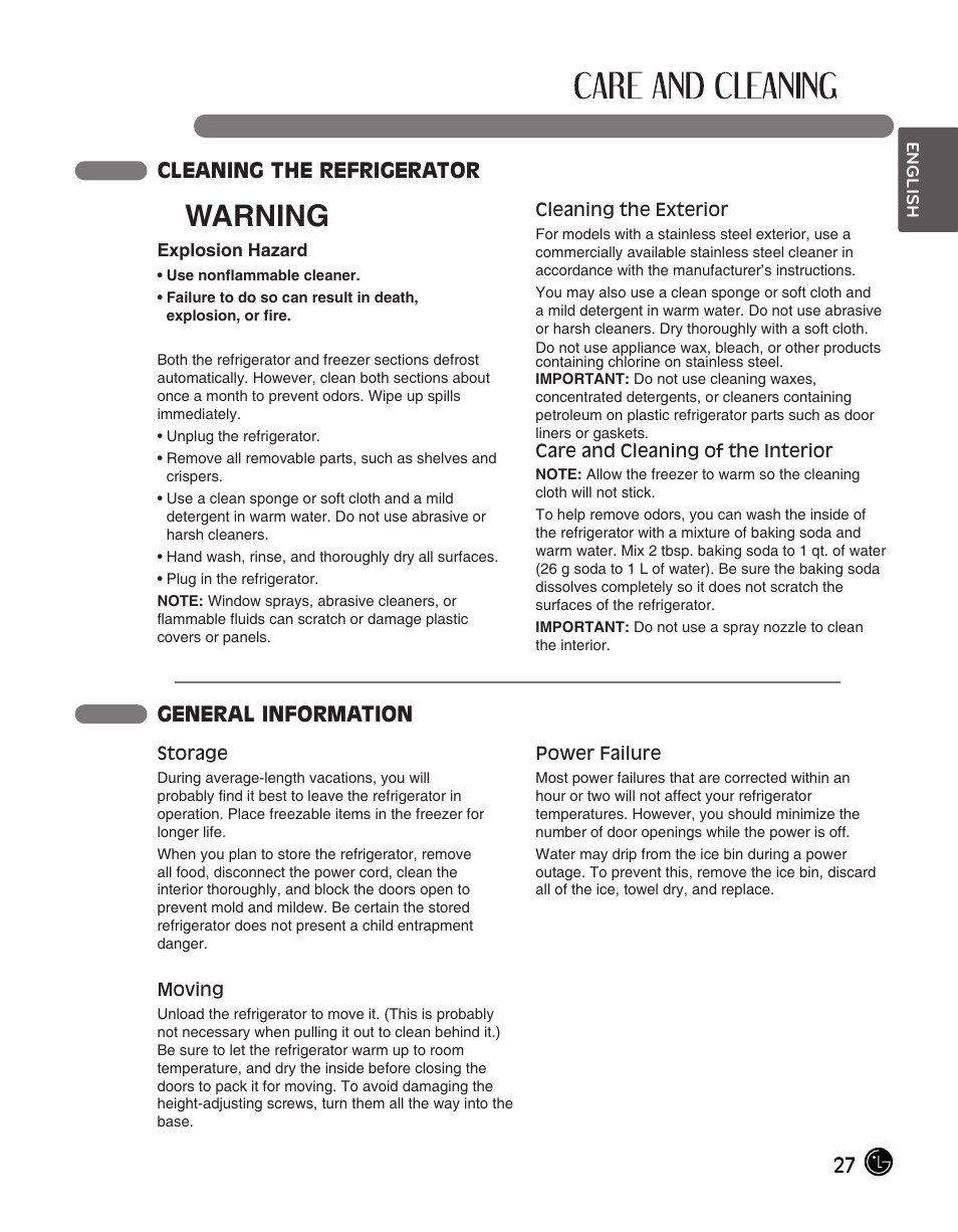 Warning, Cleaning the refrigerator, General information | LG LFC28768ST User Manual | Page 27 / 108