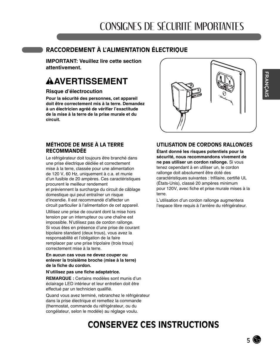 Wavertissement, Conservez ces instructions | LG LFC28768ST User Manual | Page 41 / 108