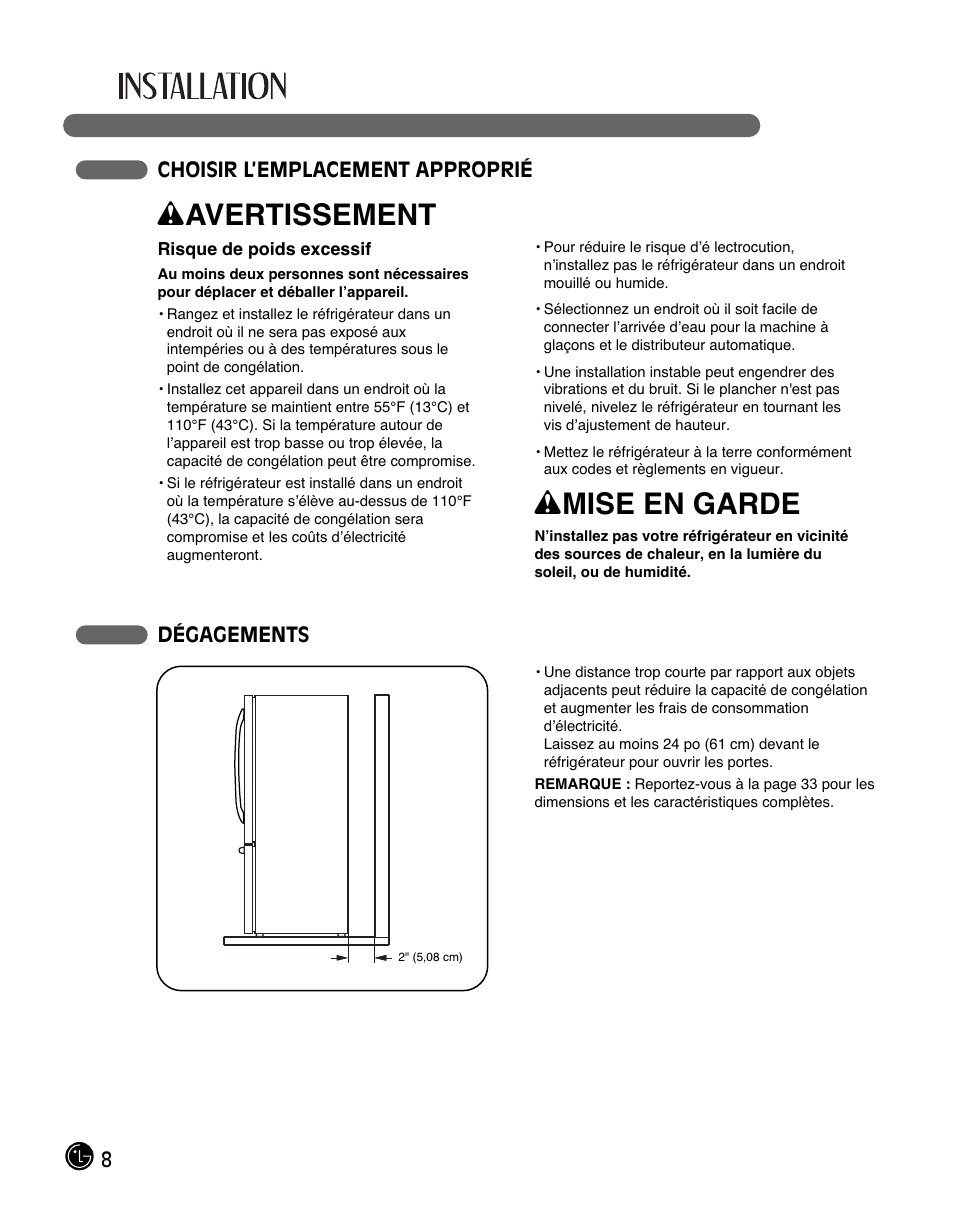 Wavertissement, Wmise en garde | LG LFC28768ST User Manual | Page 44 / 108